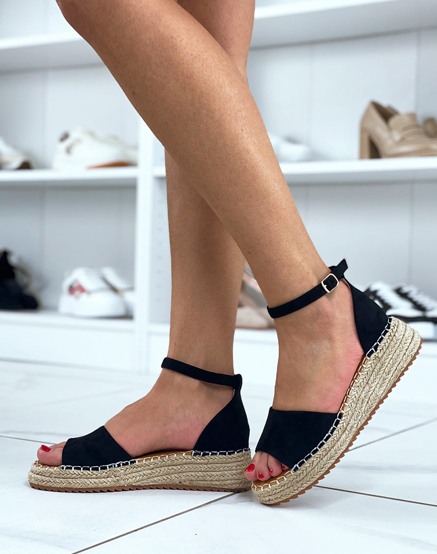 Sandales à plateformes en suédine noire avec coutures apparentes