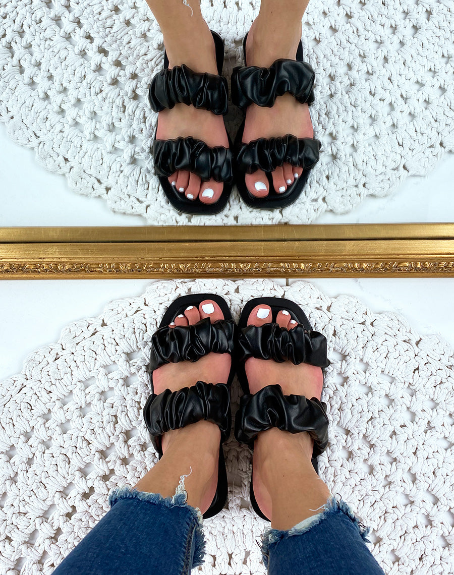 Sandales plates en simili cuir noires
