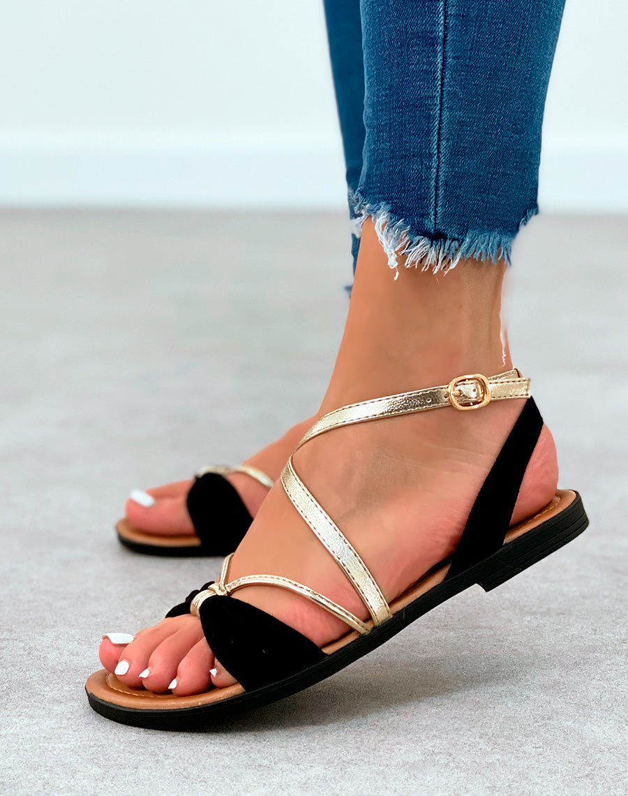 Sandales plates en suédine noire à noeud et lanières dorées