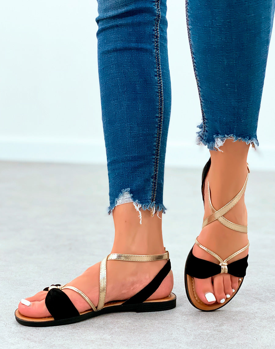 Sandales plates en suédine noire à noeud et lanières dorées