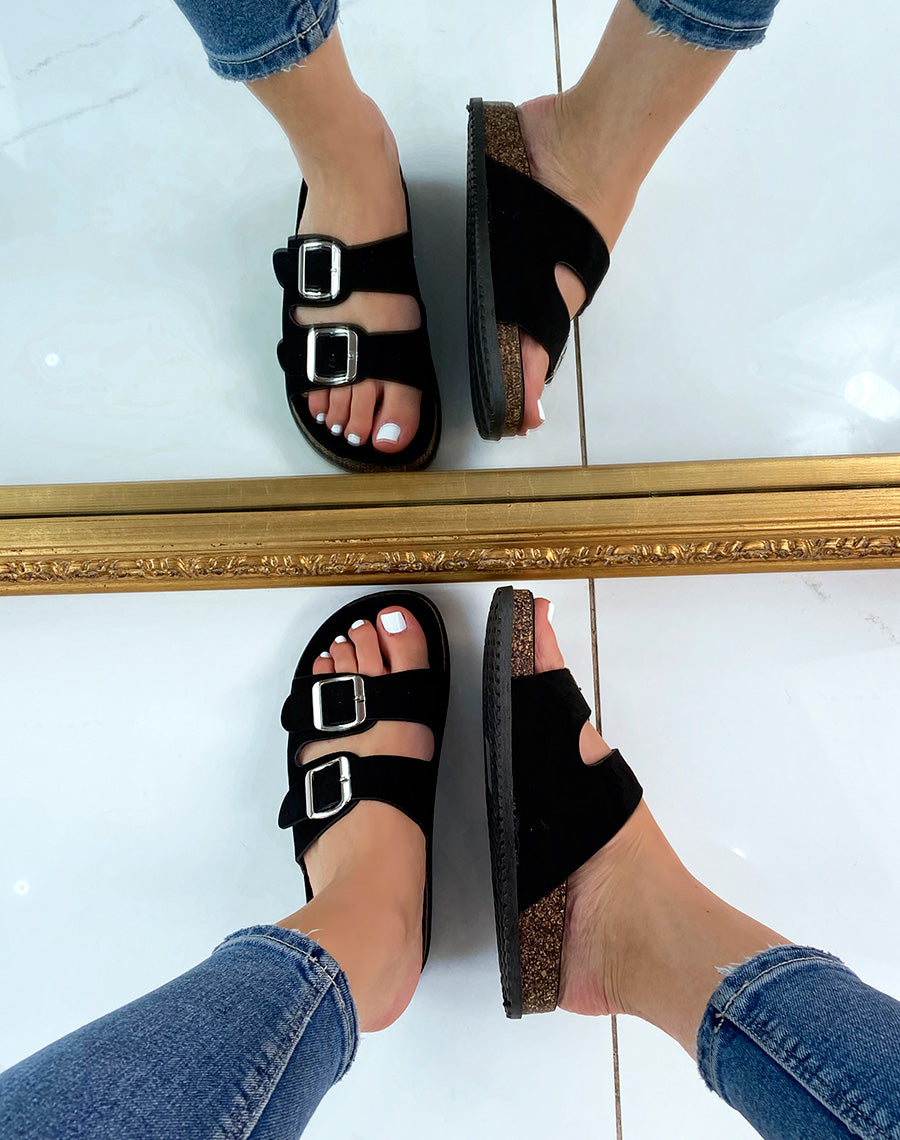 Sandales plates en suédine noires à double lanières épaisses