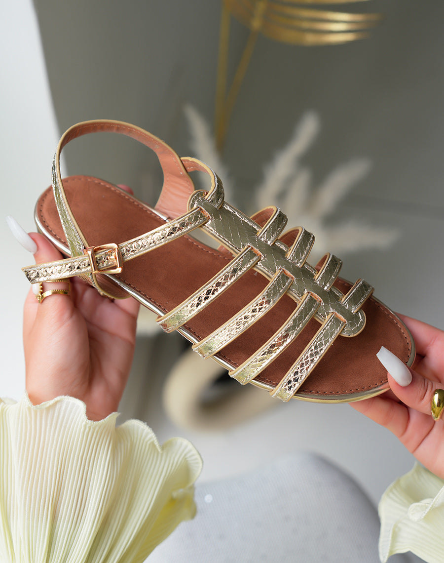 Sandales plates femme dorées à motif serpent avec bride ajustable