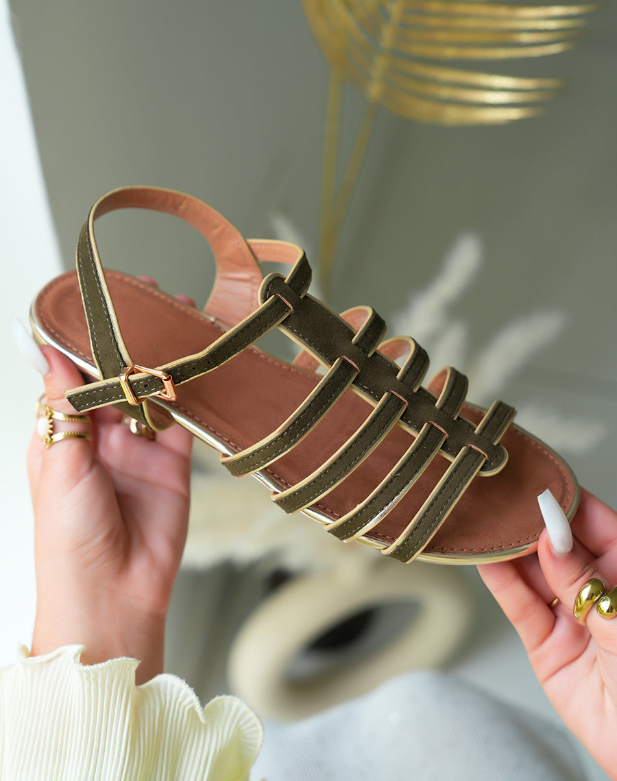 Sandales plates femme en suédine vert kaki et doré avec bride ajustable