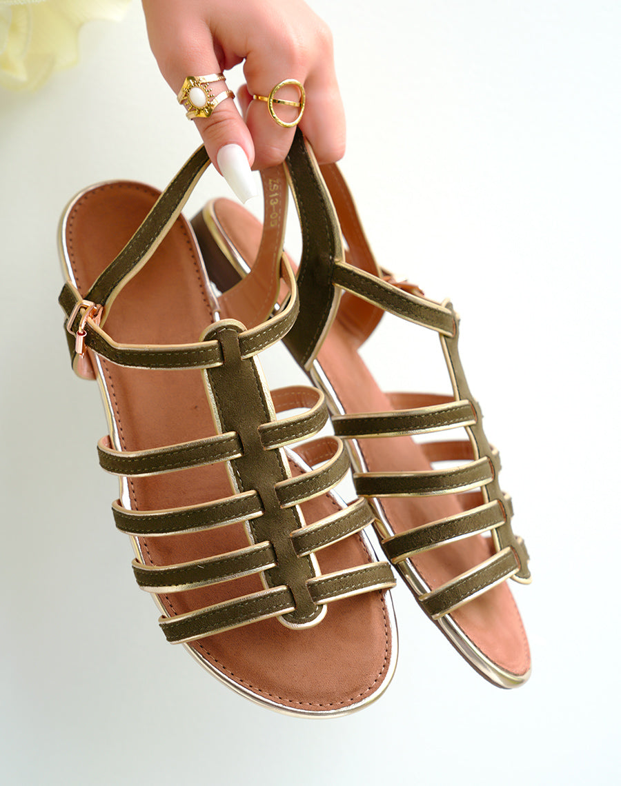 Sandales plates femme en suédine vert kaki et doré avec bride ajustable