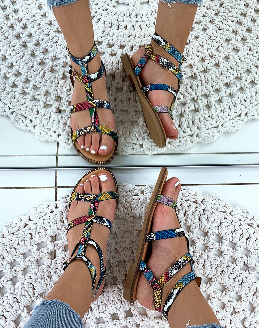 Sandales plates multicolore brides python