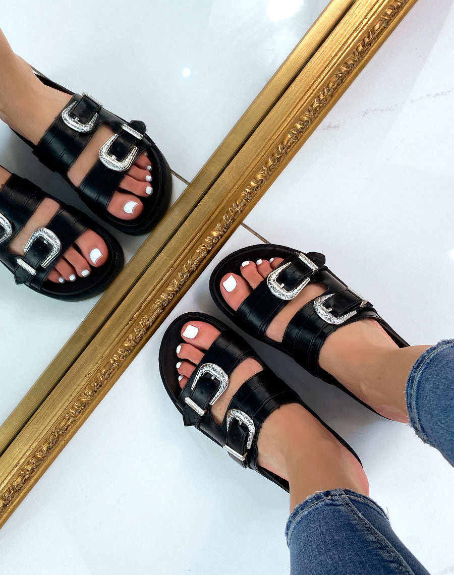 Sandales plates noires à lanières épaisses ajustables