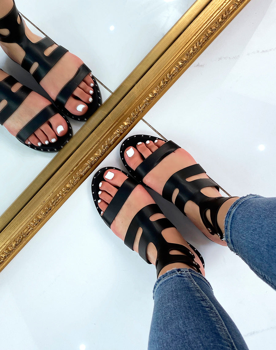 Sandales plates noires à multiples brides ajustable