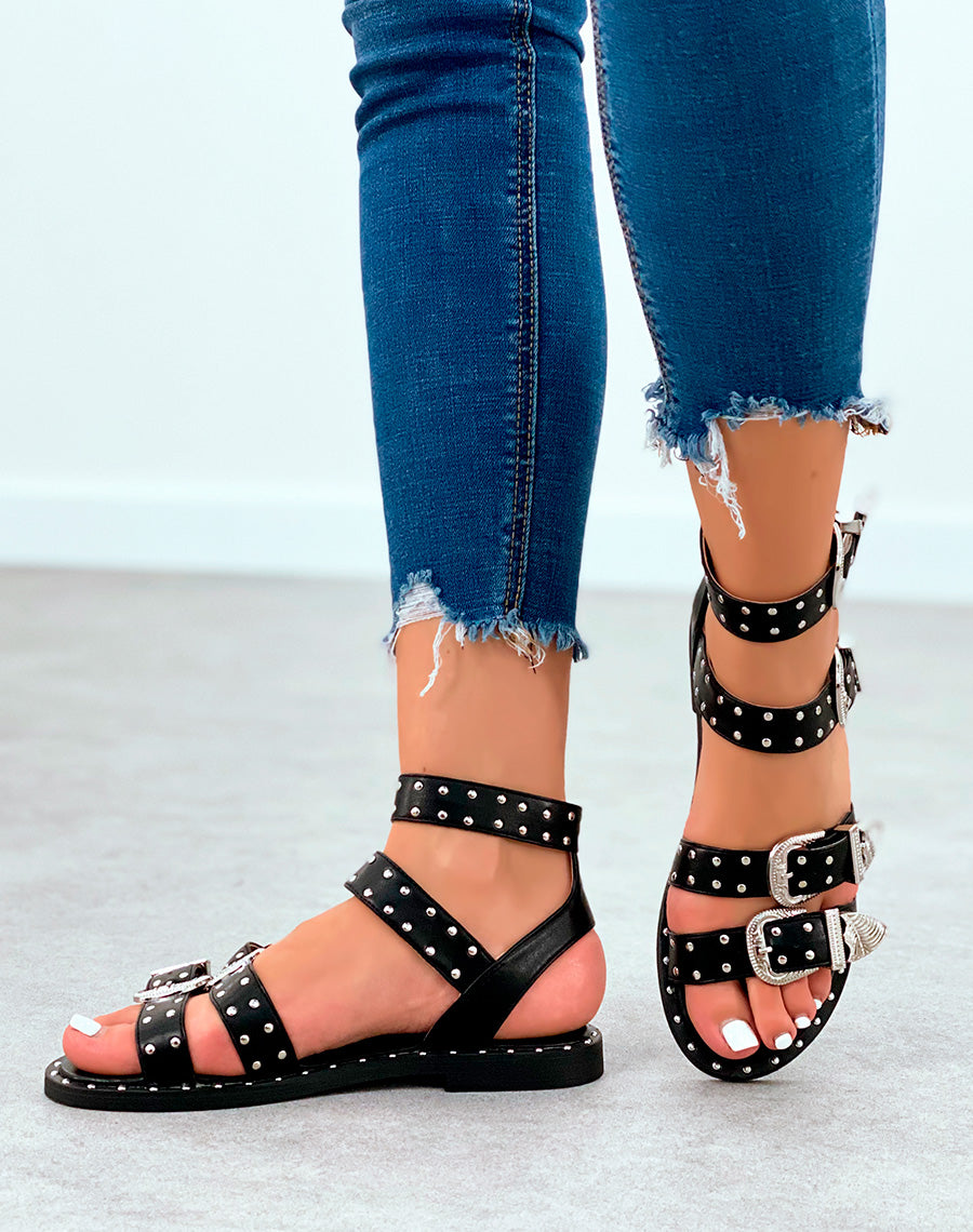 Sandales plates noires à multiples brides cloutées et à boucles ornées de détails