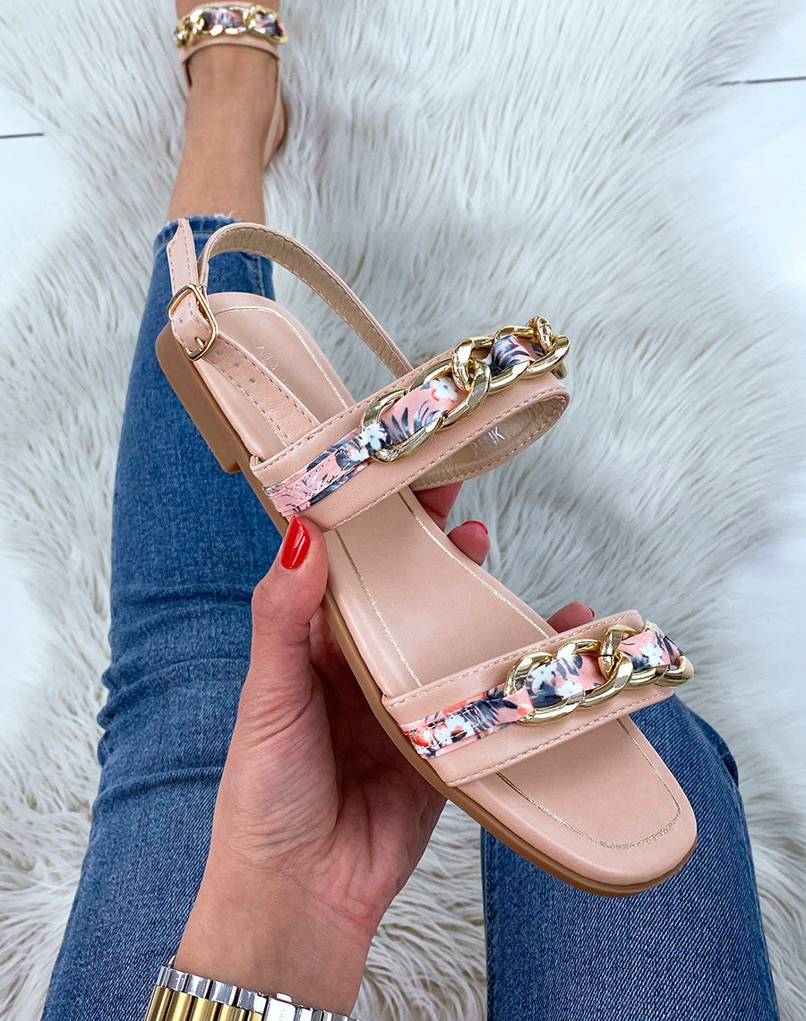 Sandales plates rose clair à détails dorées et fleuries