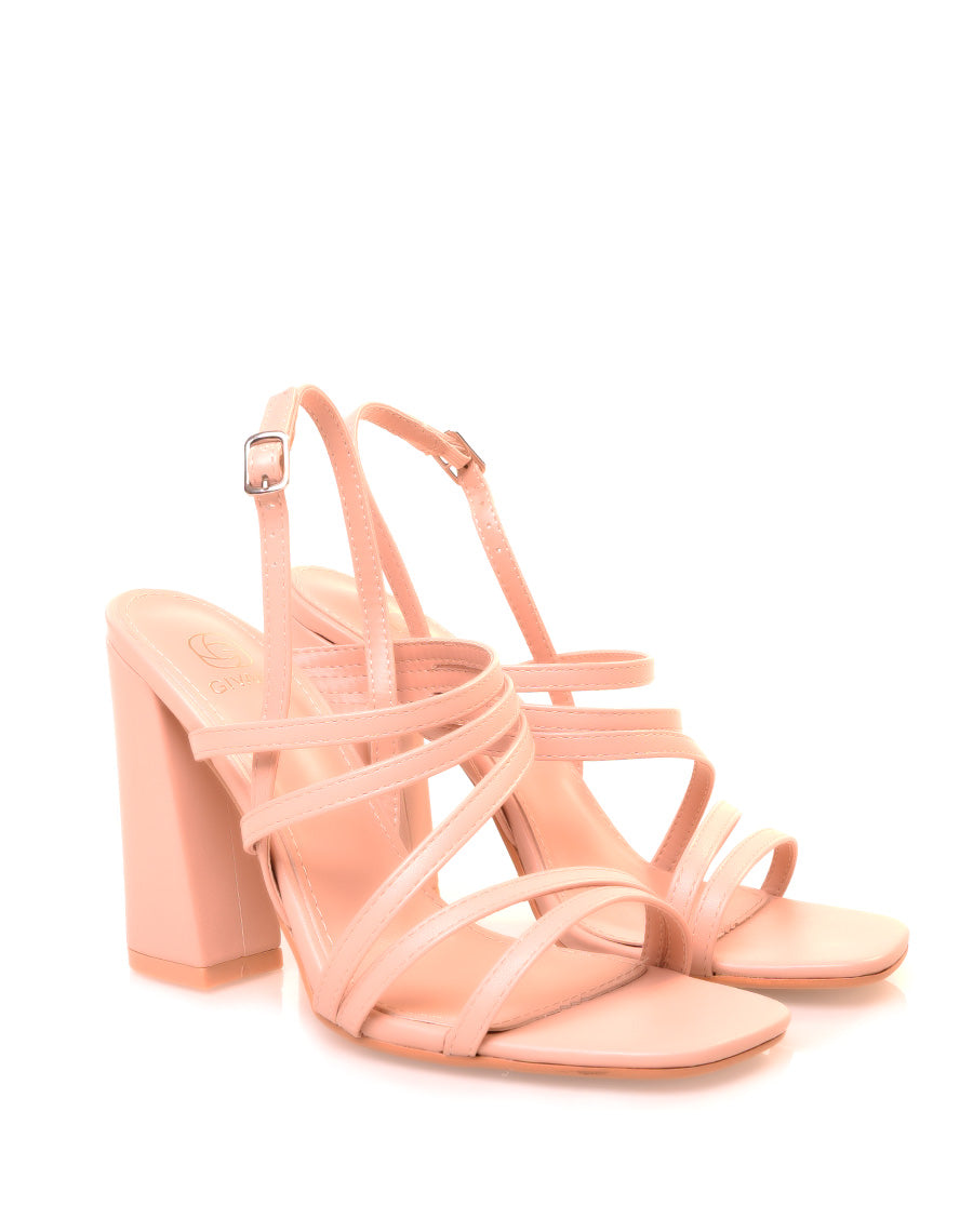 Sandales roses nude à multiples lanières et à talons carrés