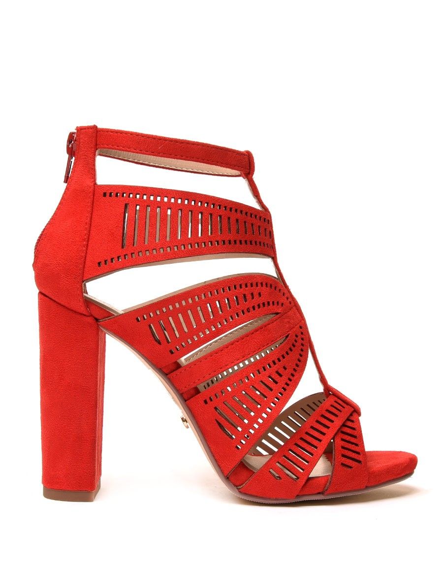 Sandales rouges à talons & détails multiples