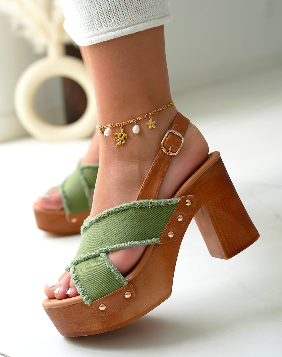 Sandales sabots femme kaki à bride entrecroisée et lanière ajustable camel