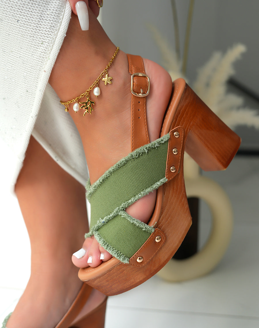 Sandales sabots femme kaki à bride entrecroisée et lanière ajustable camel