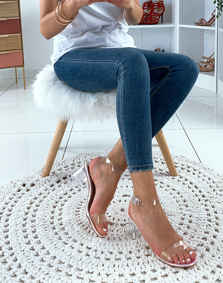 Sandales sirène à talons blocs et brides transparentes