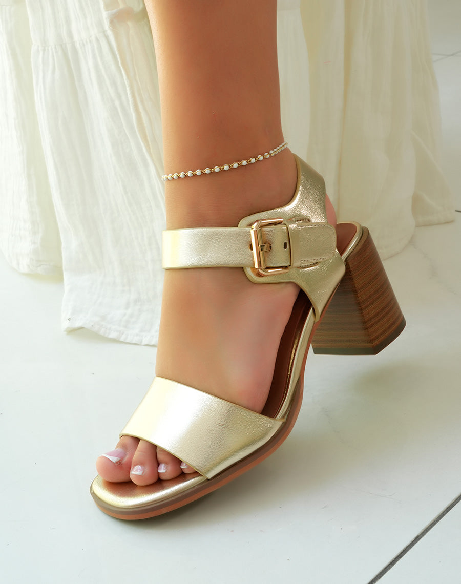 Sandales à talon dorées élégantes avec bride épaisse pour femme
