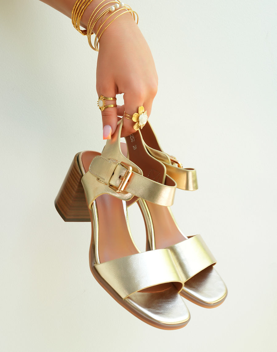 Sandales à talon dorées élégantes avec bride épaisse pour femme