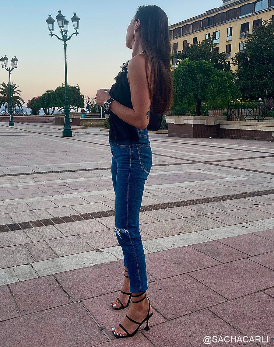 Sandales à talon noires à bride torsadée