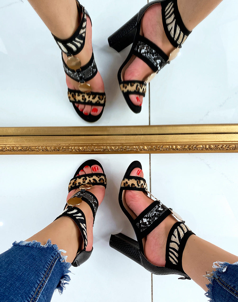 Sandales à talon noires à multiples motifs animaliers