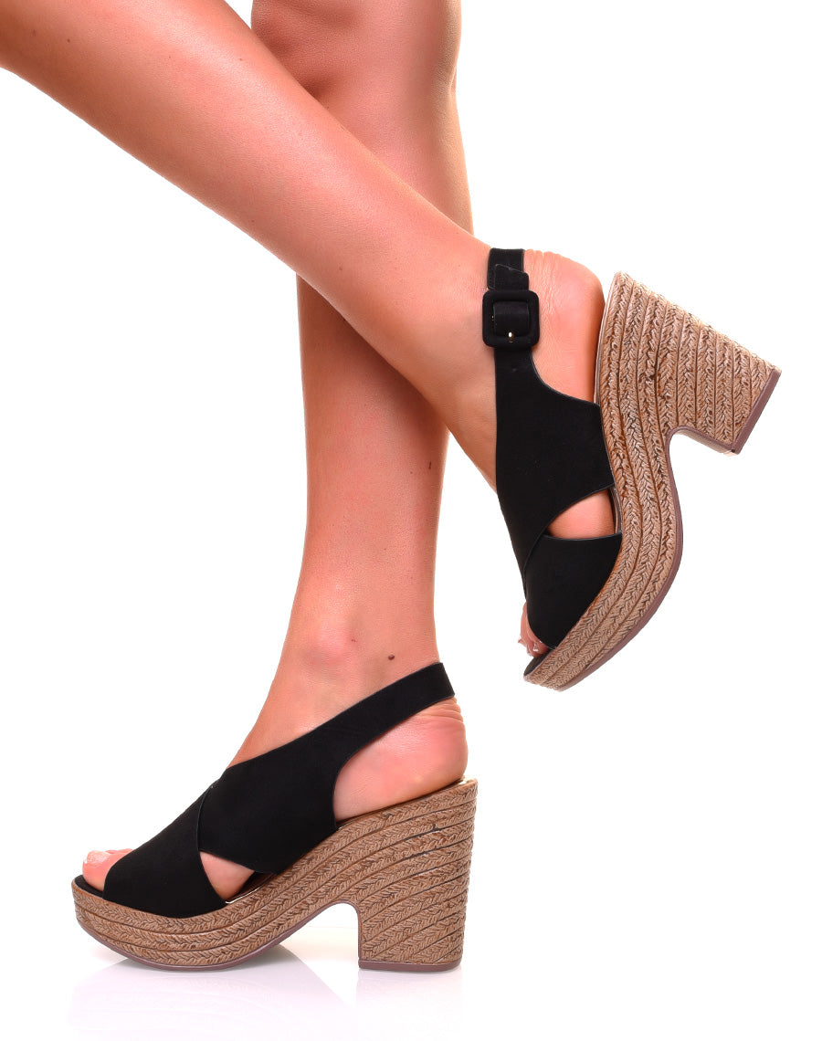 Sandales à talons compensés effet sabot en suédine noire
