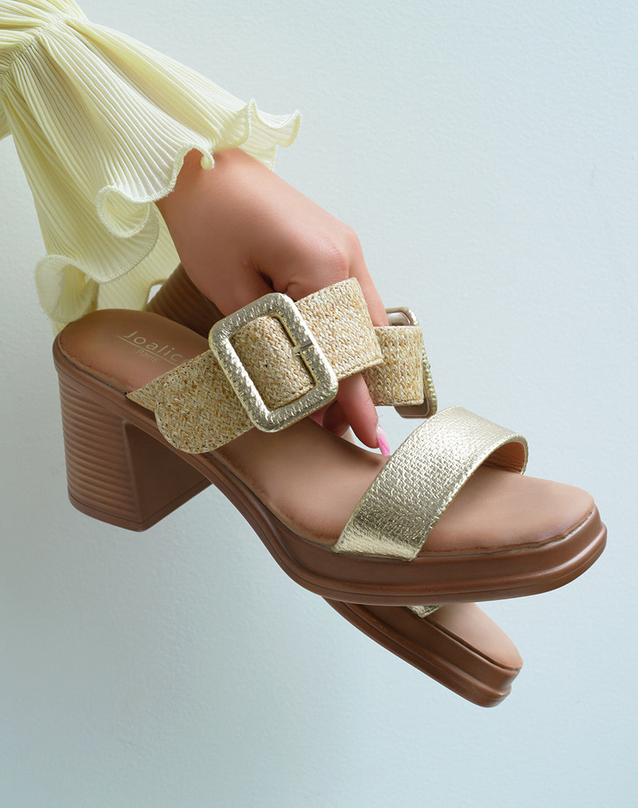 Sandales à talons femme dorées élégantes avec brides jute et dorées et boucle dorée