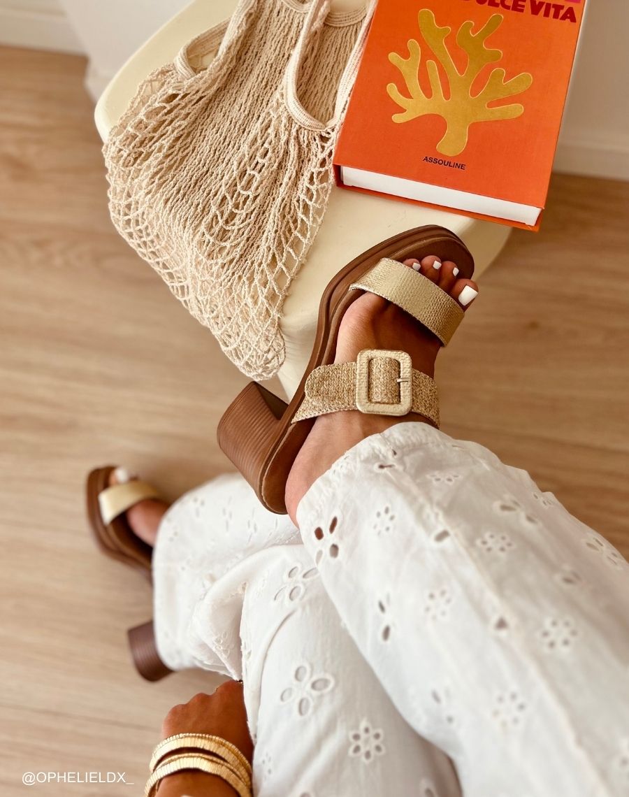 Sandales à talons femme dorées élégantes avec brides jute et dorées et boucle dorée