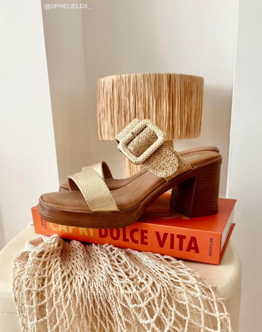Sandales à talons femme dorées élégantes avec brides jute et dorées et boucle dorée