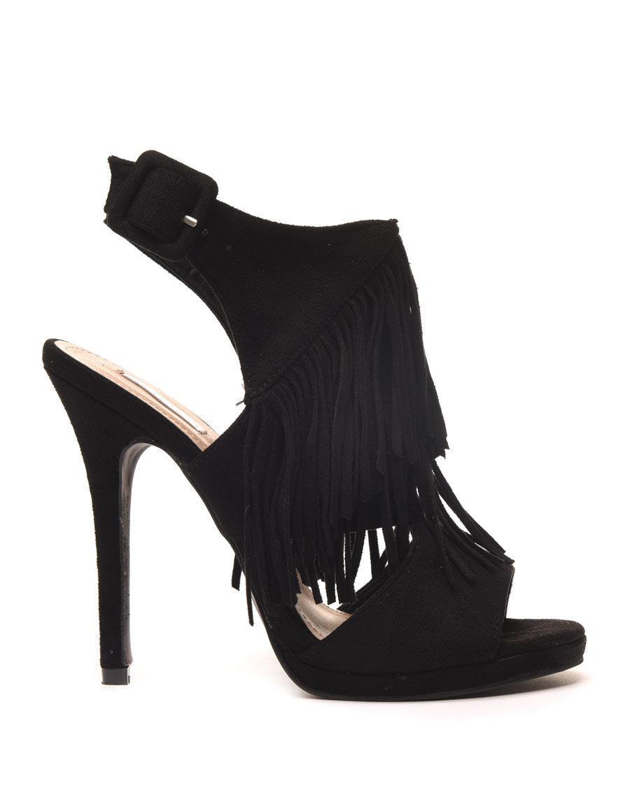 Sandales à talons noires effet suédine ouvertes avec franges
