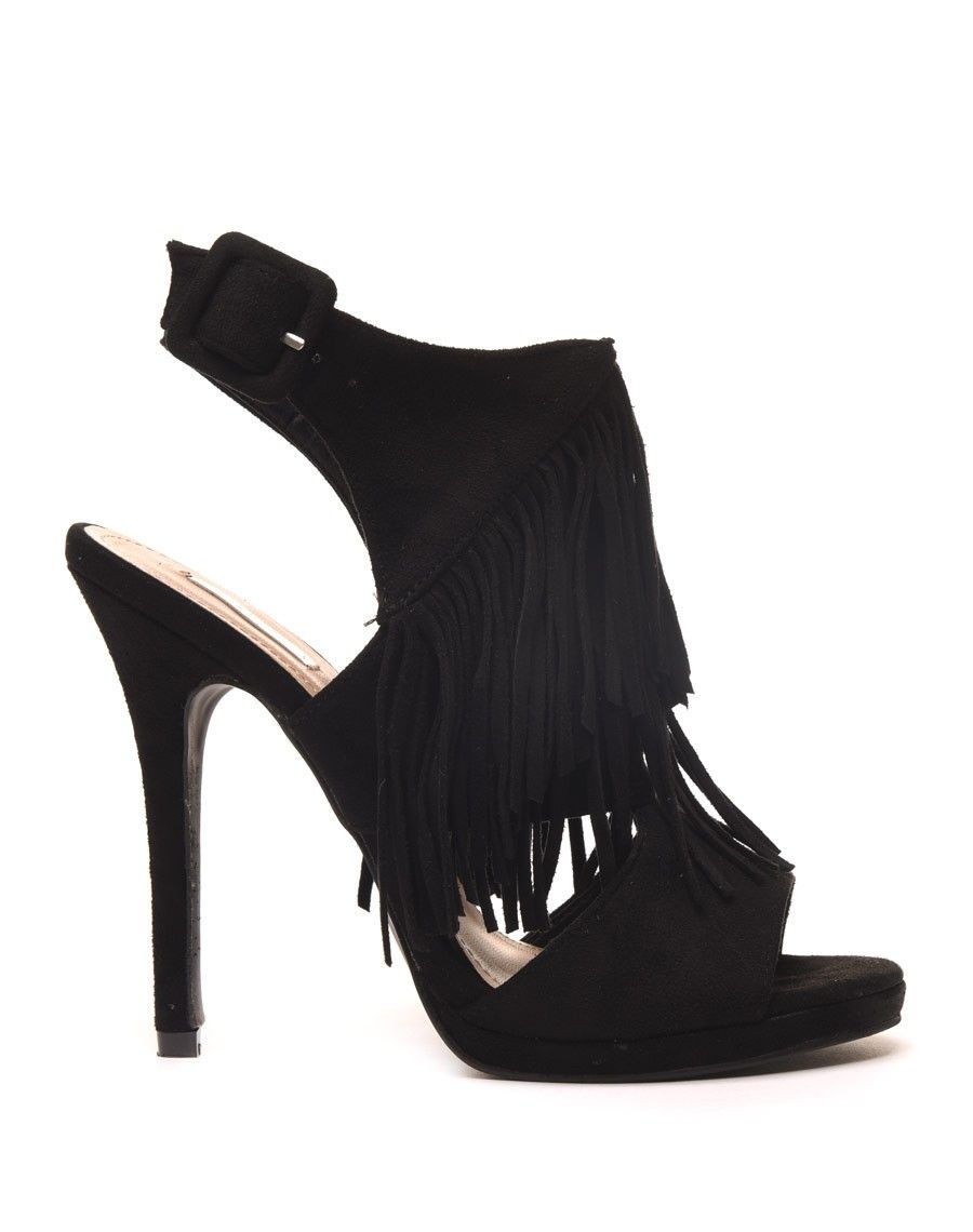 Sandales à talons noires effet suédine ouvertes avec franges