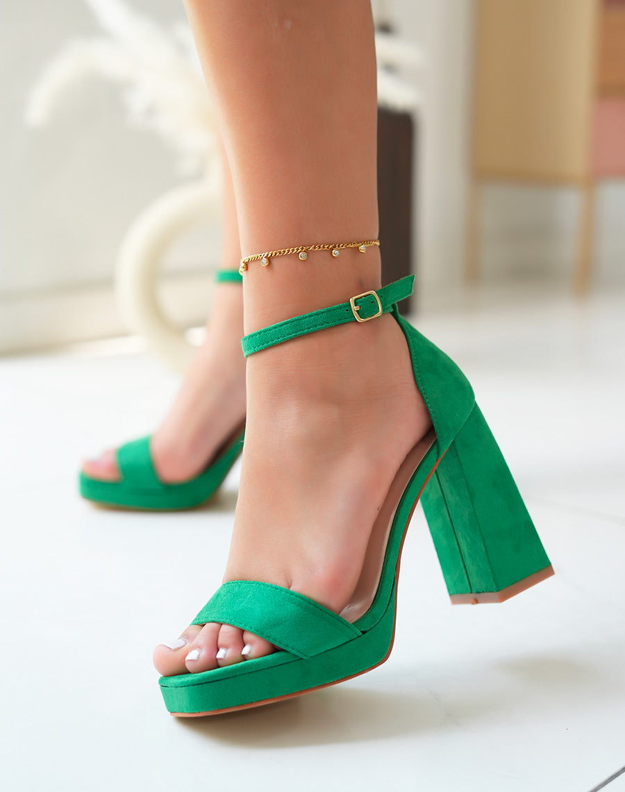 Sandales vertes en suédine à talon haut et épais