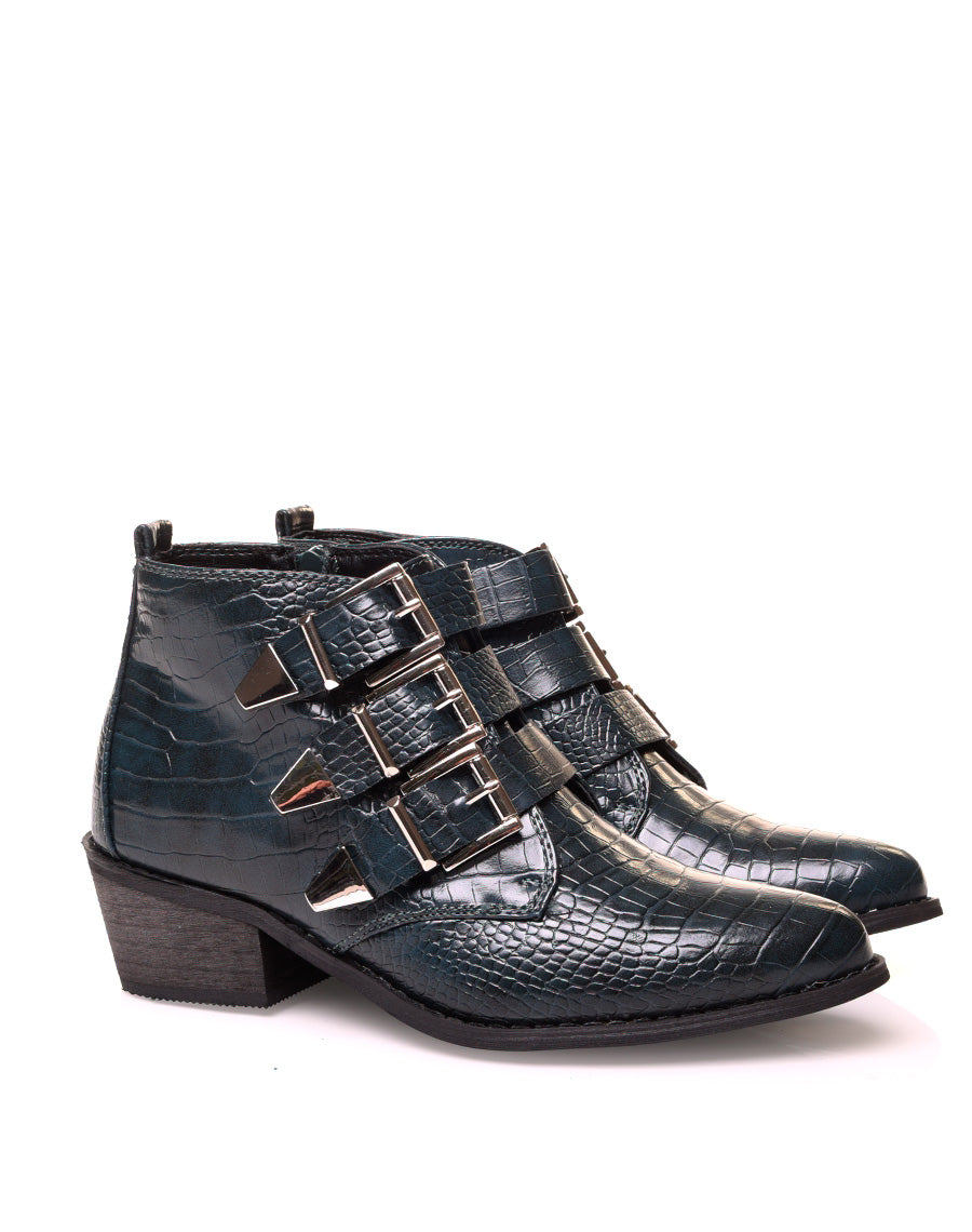 Santiags bleues à multiples brides effet croco