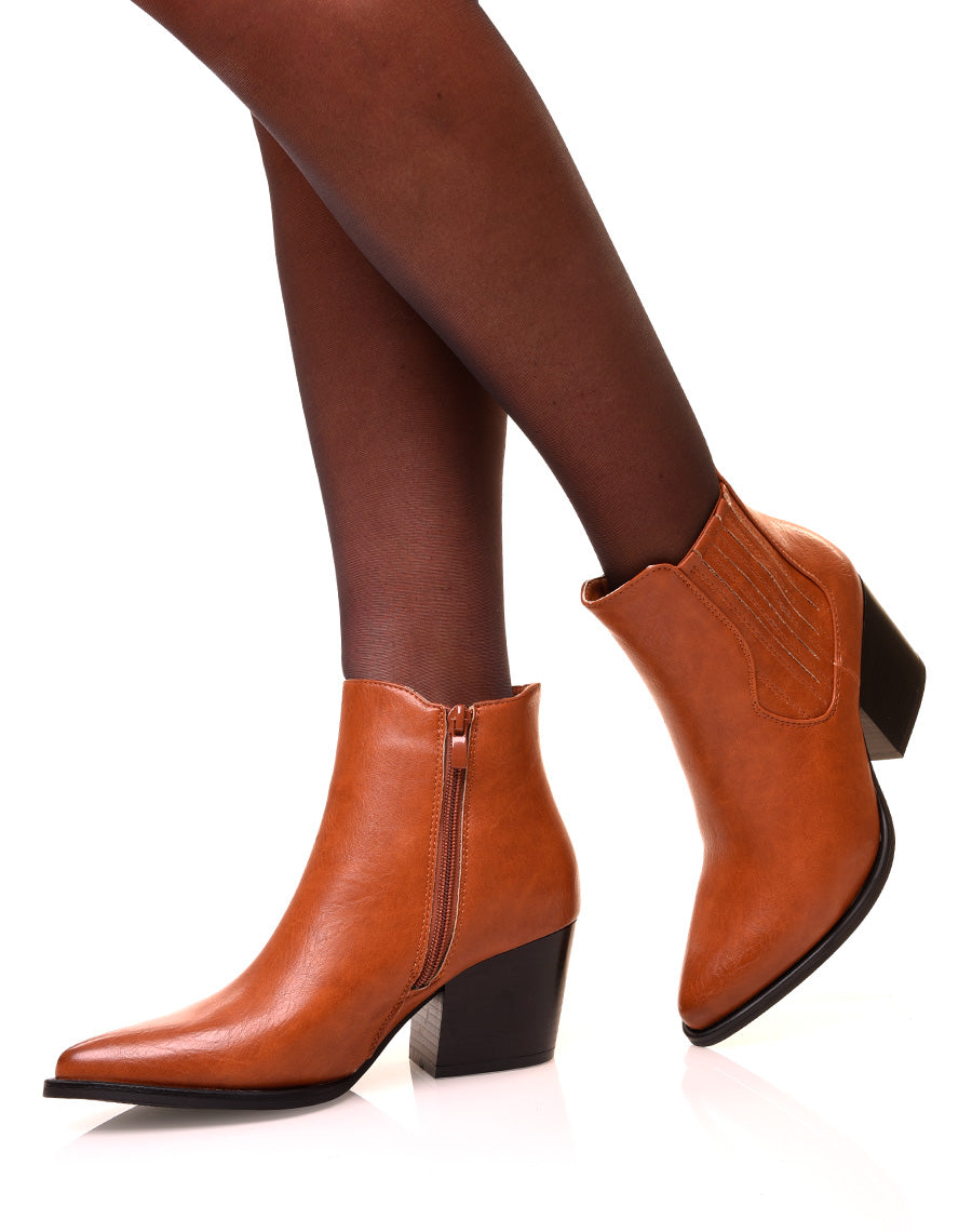 Santiags camel à talon biseauté avec coutures décoratives