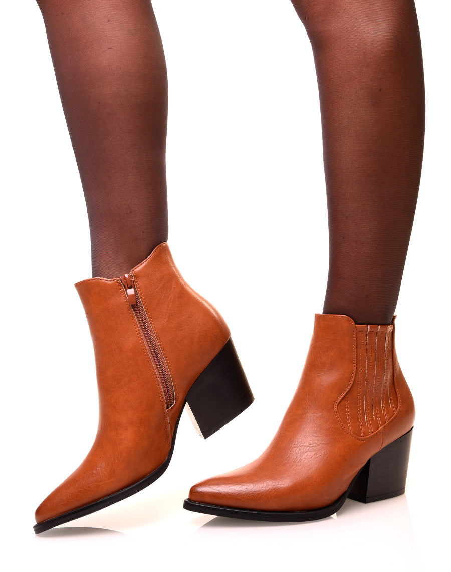 Santiags camel à talon biseauté avec coutures décoratives