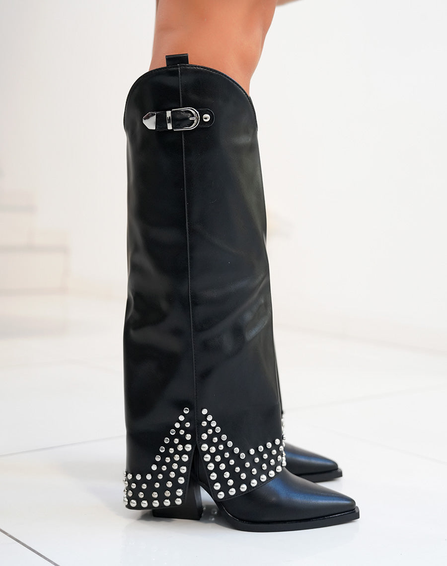 Santiags femme noires cloutées avec talon biseauté et tige haute