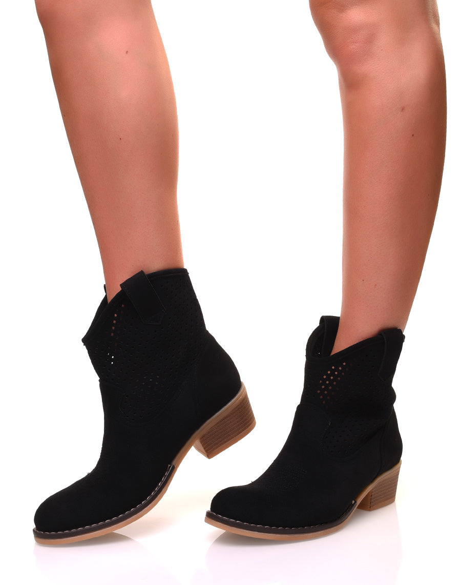 Santiags noires en suédine ajourées à petits talons