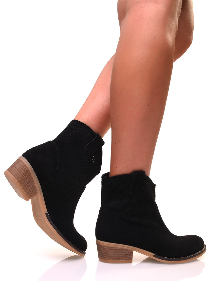 Santiags noires en suédine ajourées à petits talons