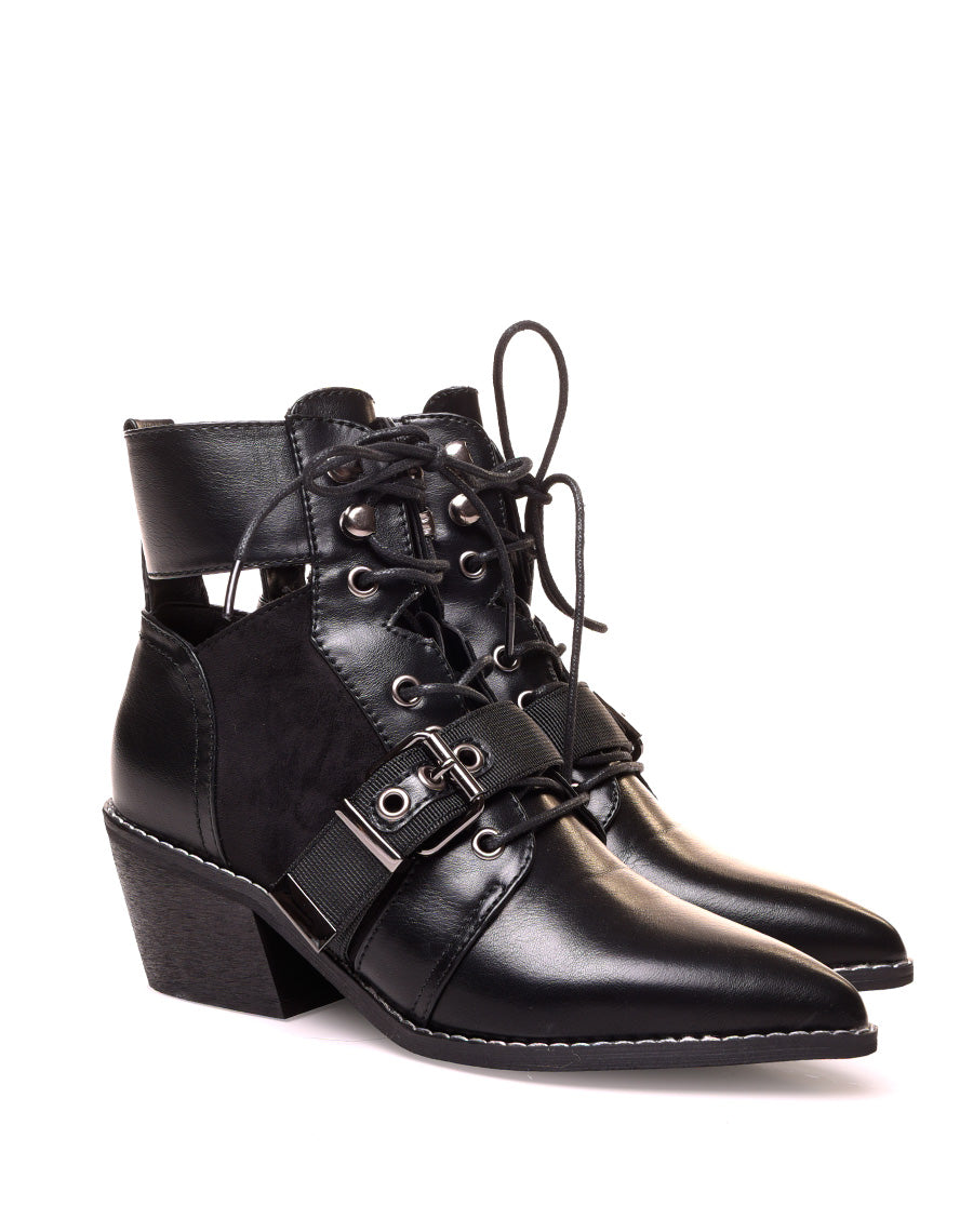 Santiags noires à lacets bi-matières