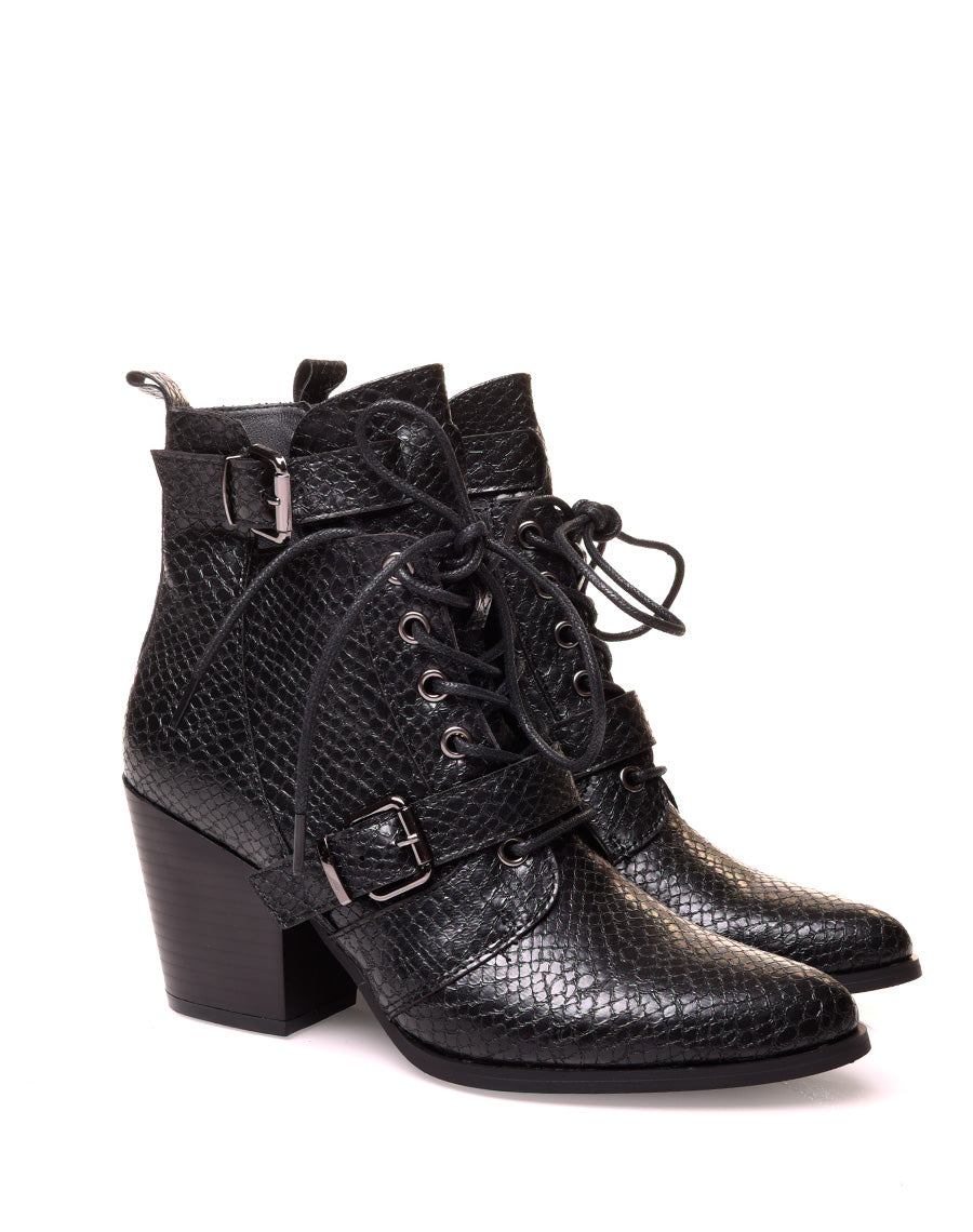 Santiags noires à lacets effet python