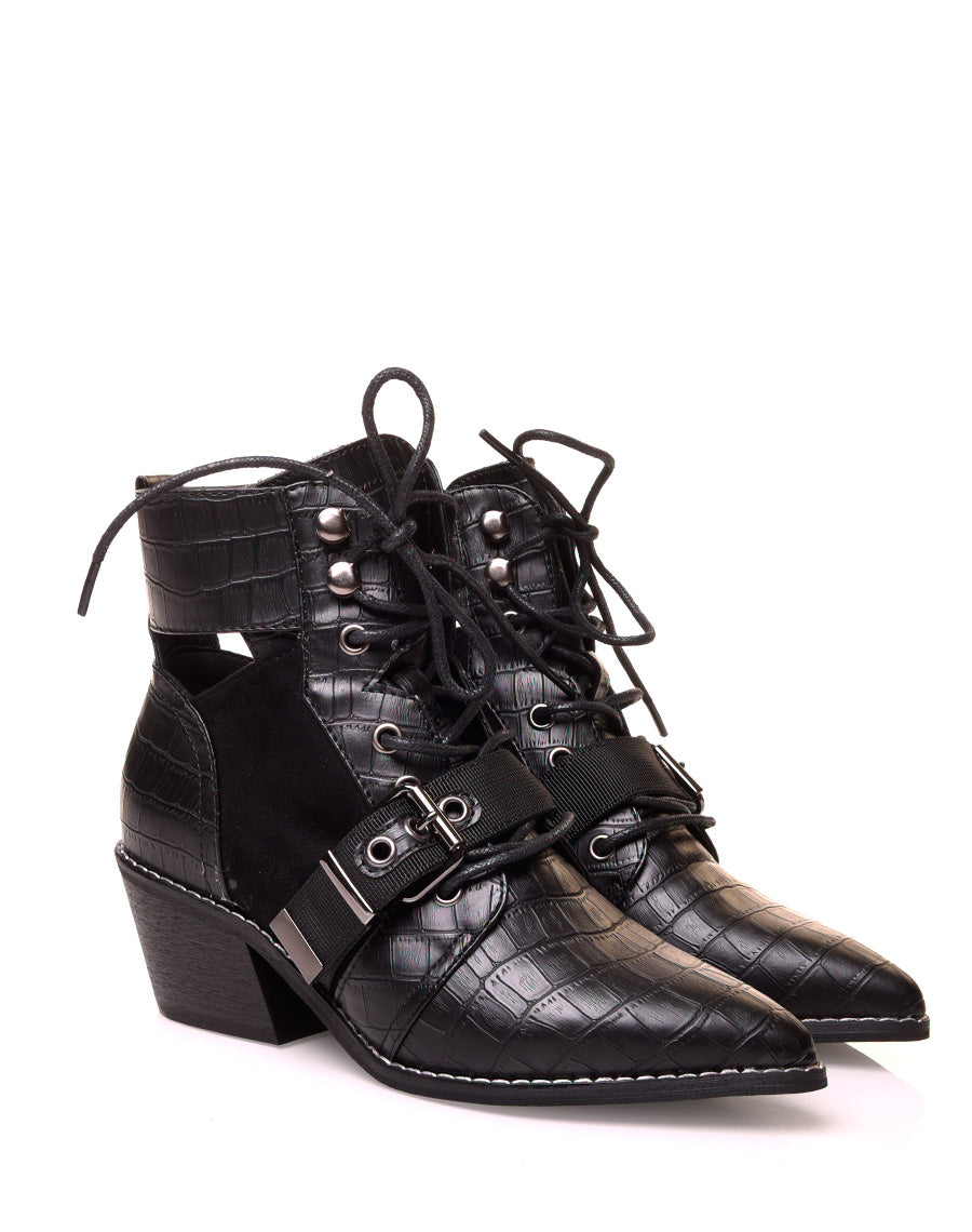 Santiags noires à lacets en suédine et effet croco