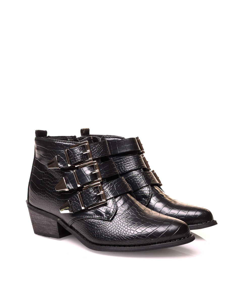 Santiags noires à multiples brides effet croco