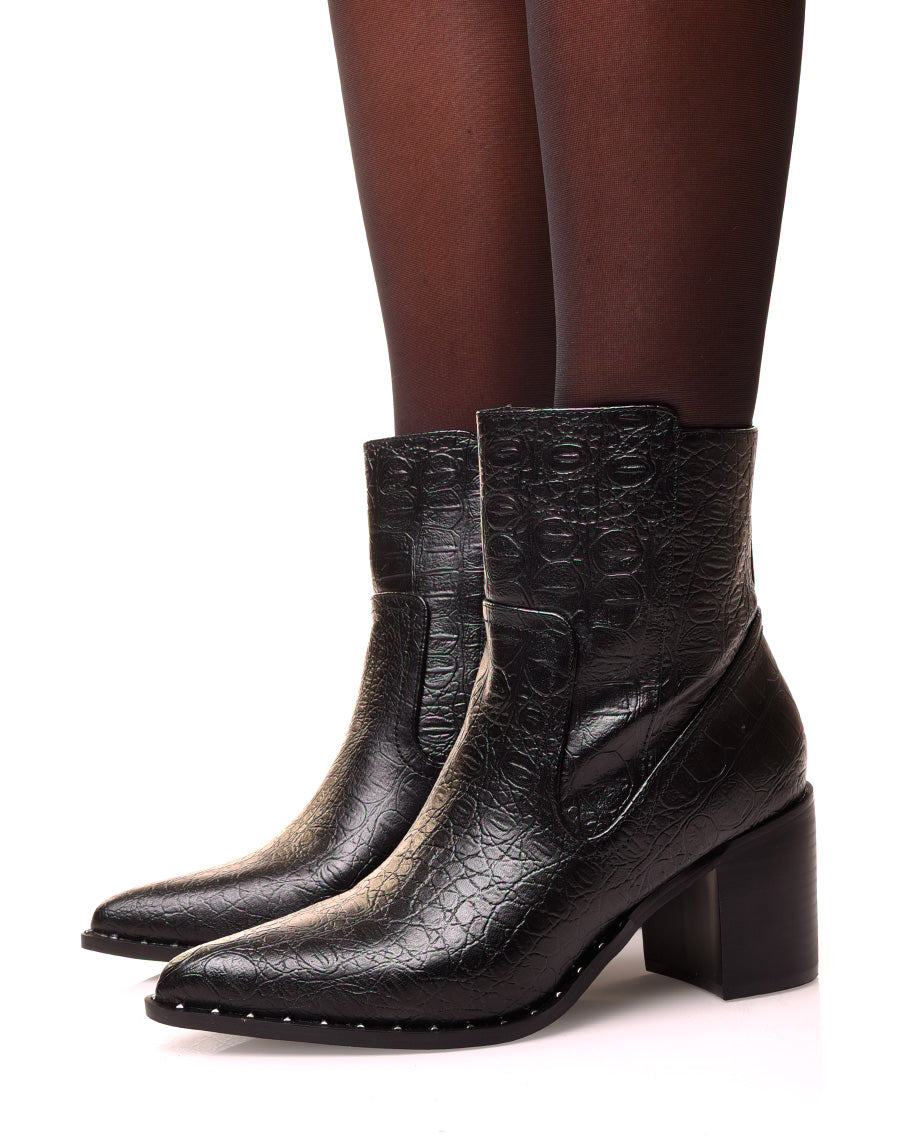 Santiags noires à talon effet croco vieillis