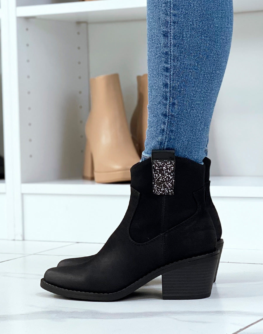 Santiags noires à talon et détail à paillettes