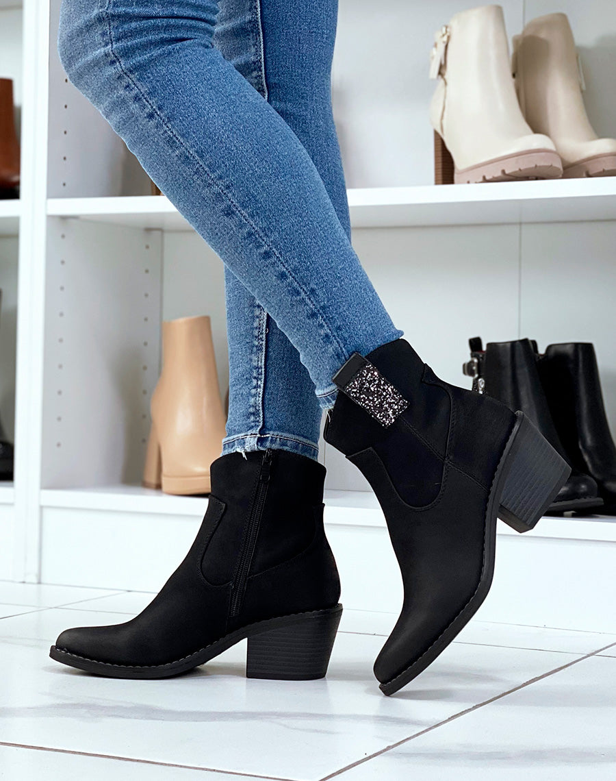 Santiags noires à talon et détail à paillettes
