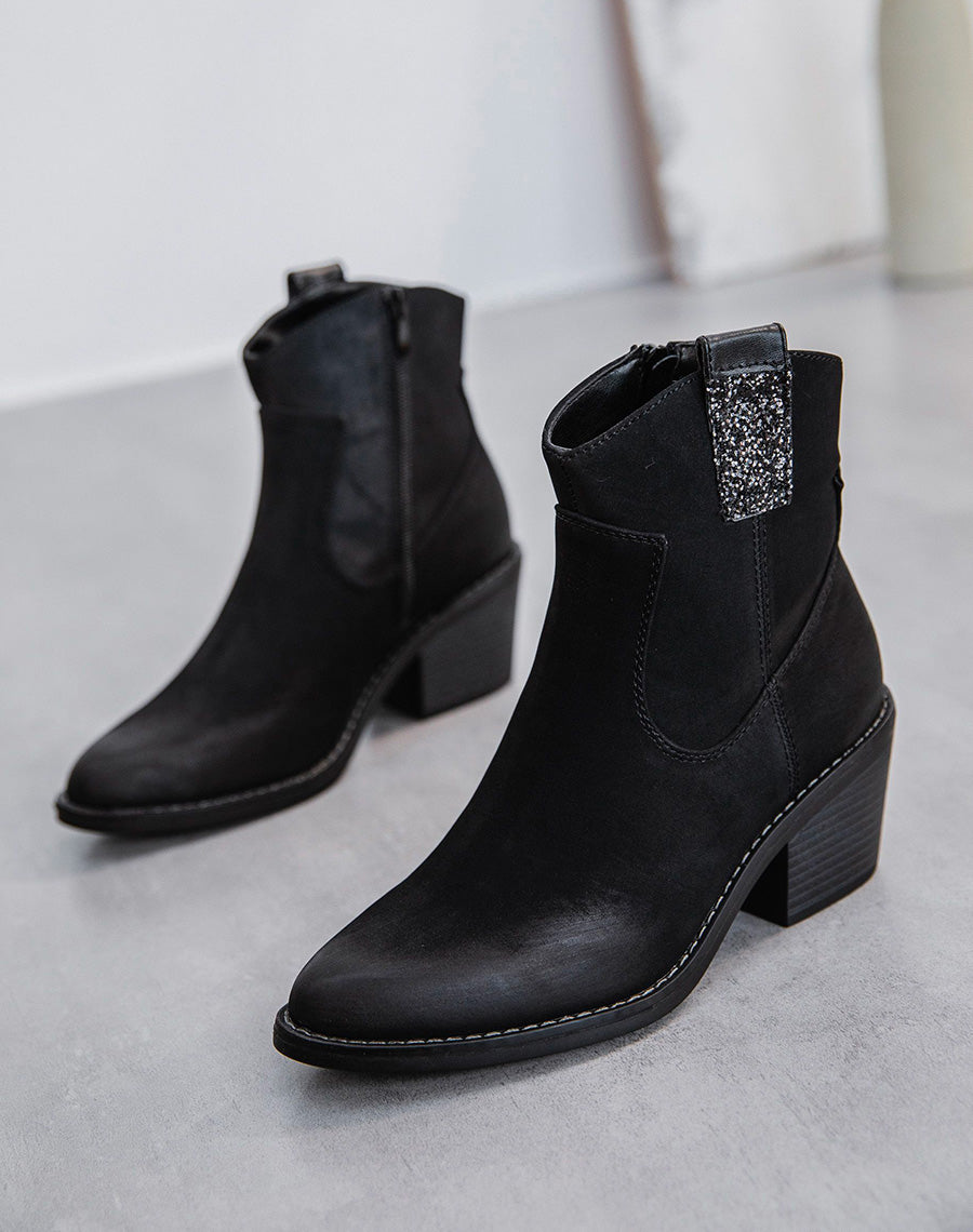 Santiags noires à talon et détail à paillettes