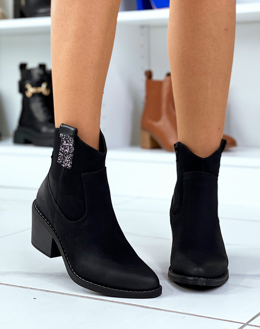 Santiags noires à talon et détail à paillettes