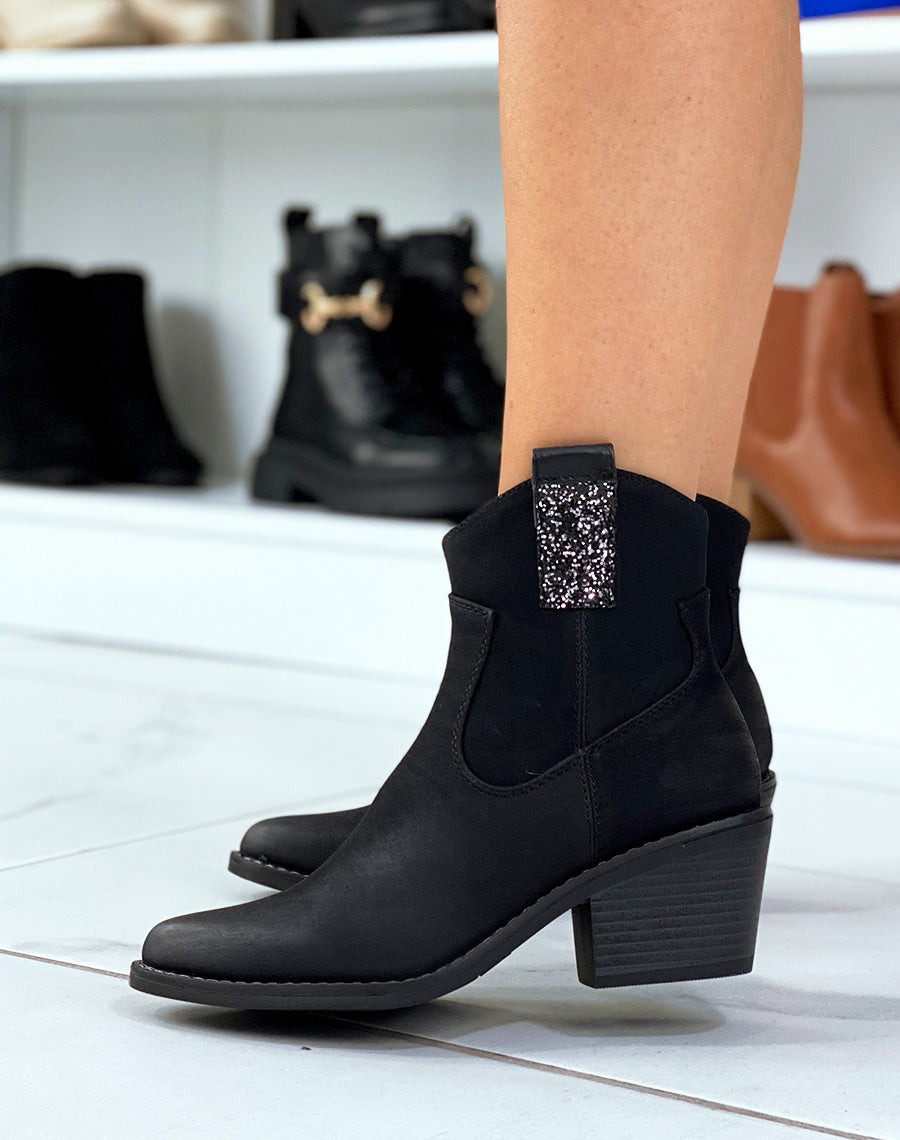 Santiags noires à talon et détail à paillettes