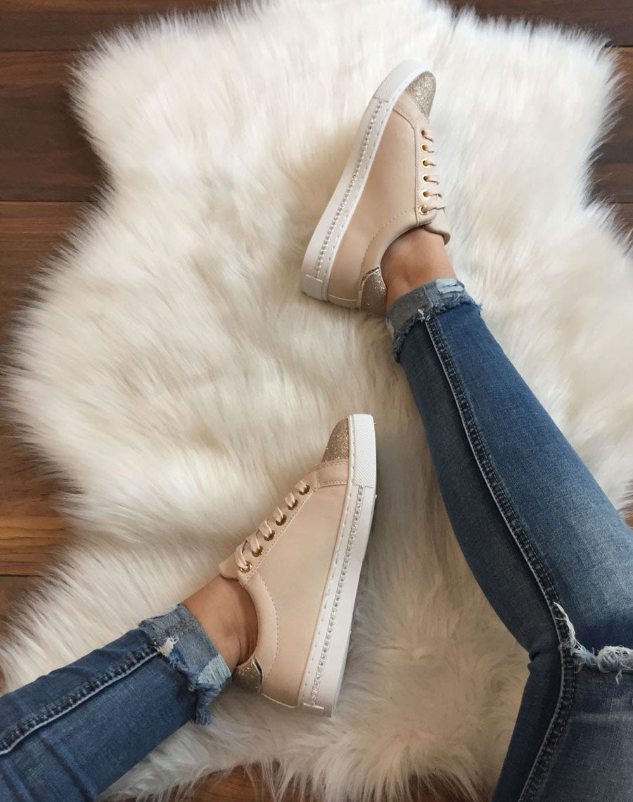 Sneakers bi matières abricot pailletés