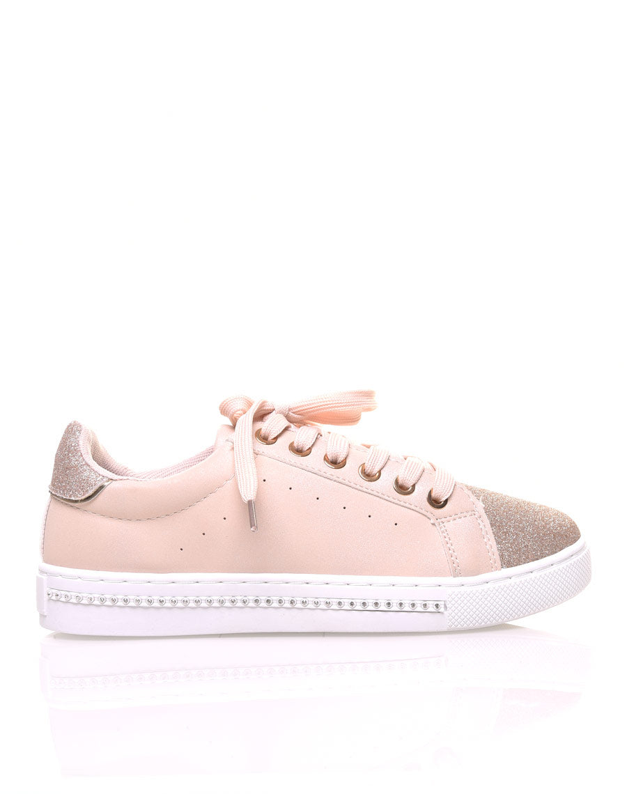 Sneakers bi matières abricot pailletés