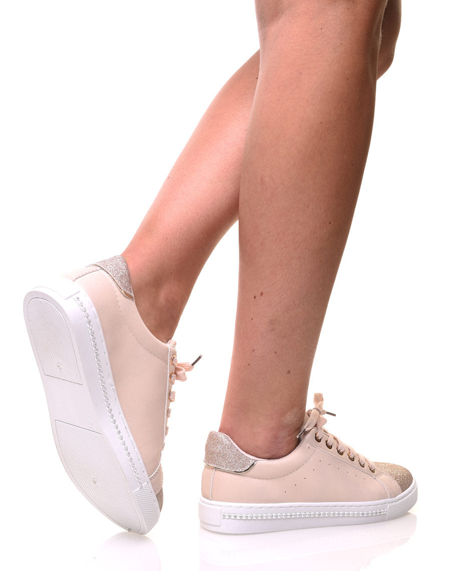 Sneakers bi matières abricot pailletés