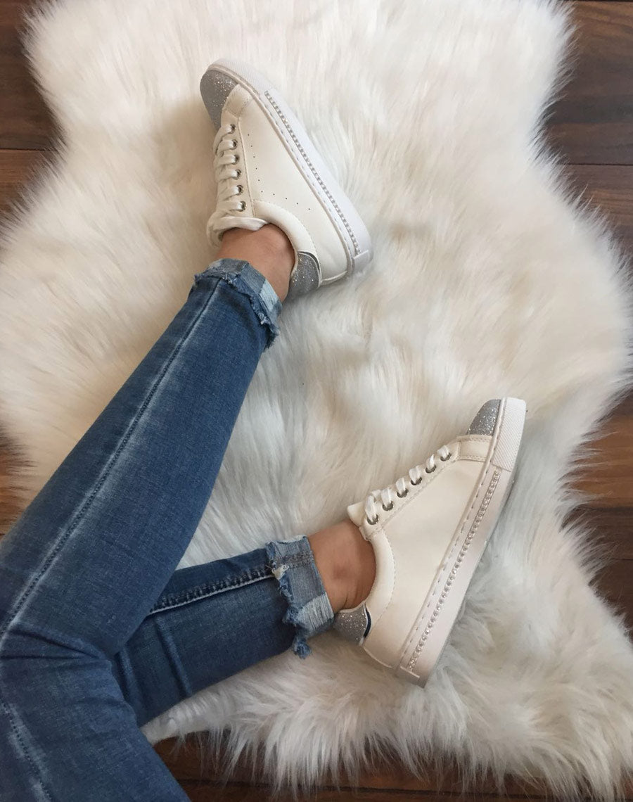 Sneakers bi matières blanches pailletés
