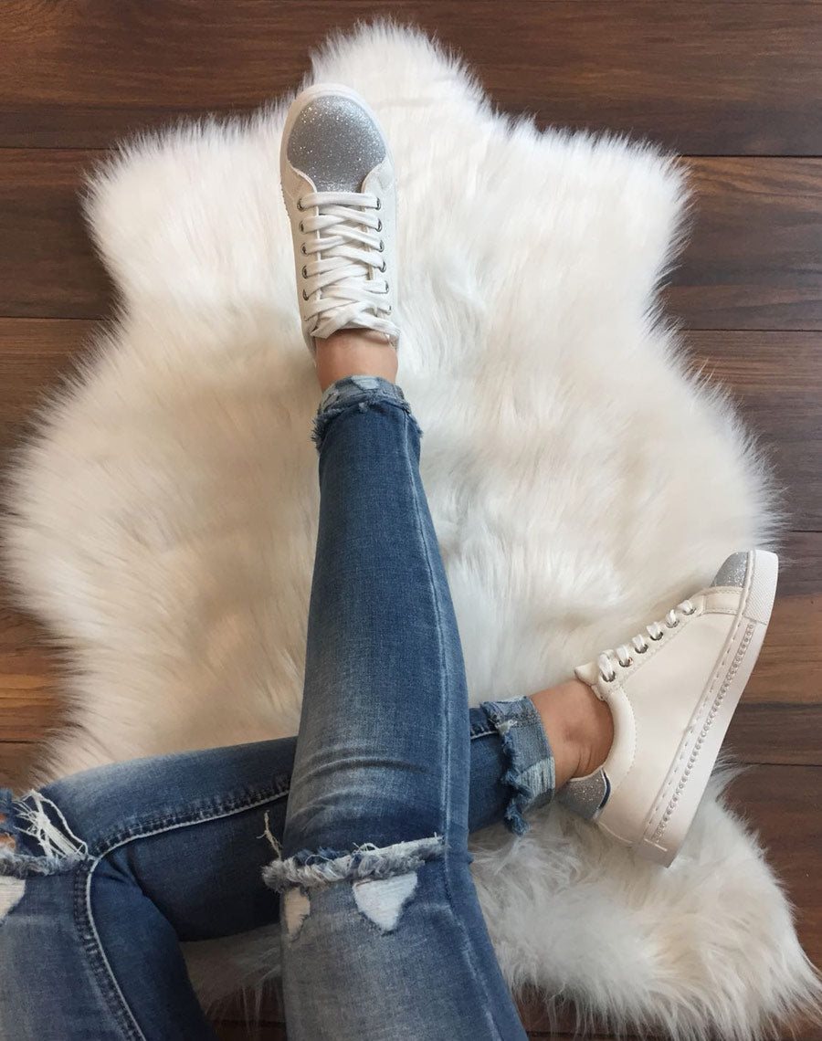 Sneakers bi matières blanches pailletés